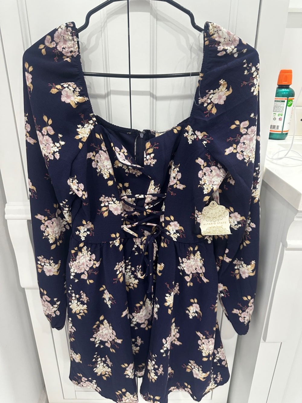 Altar’d state Navy Floral Lace-Up Long Sleeve Dress